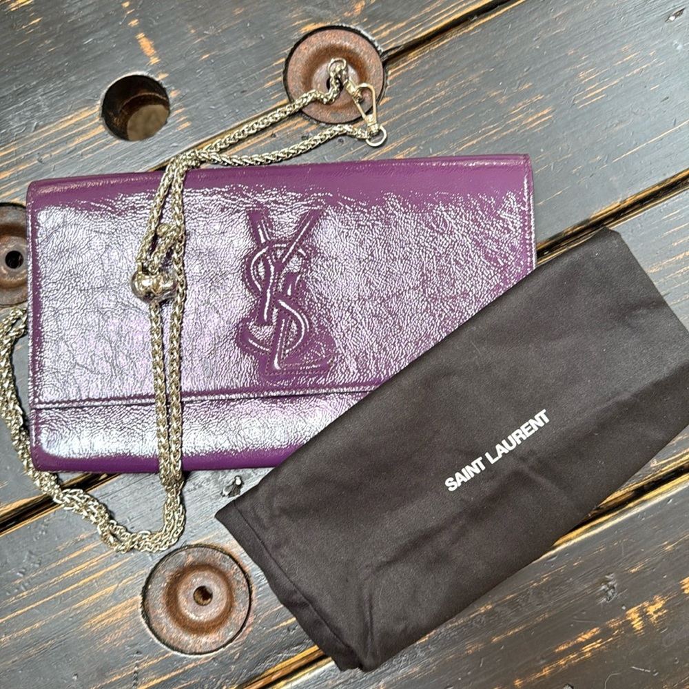 YVES SAINT LAURENT Purple Patent Leather Belle De Jour Large Clutch & Dust Bag